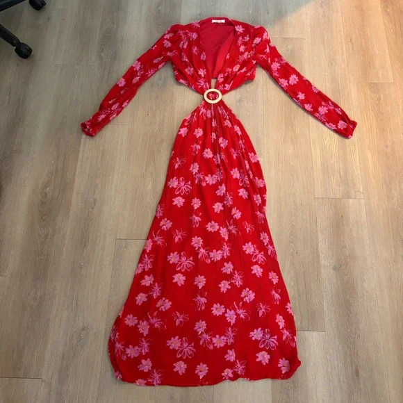 WAYF Womens Maxi Dress Size XS Red Pink Floral Long Sleeve Cutout Deep V - Picture 9 of 10